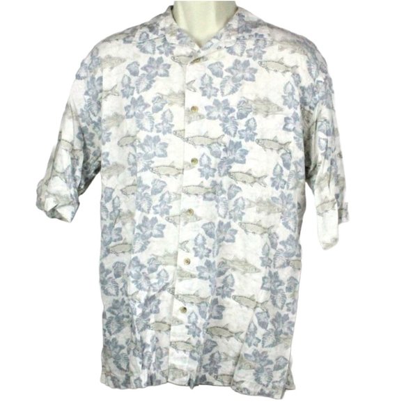 Reel Legends Hawaiian Fish Camp River Lodge Large Shirt Pale Blue/Gray Fisherman - Picture 1 of 6